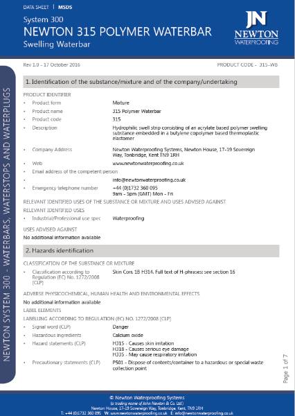 Newton HydroTank 315 Waterbar Safety Data Sheet