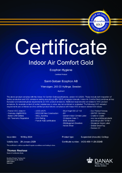 Ecophon Eurofins Certificate - Hygiene - Indoor Air Comfort - Gold - January 2029