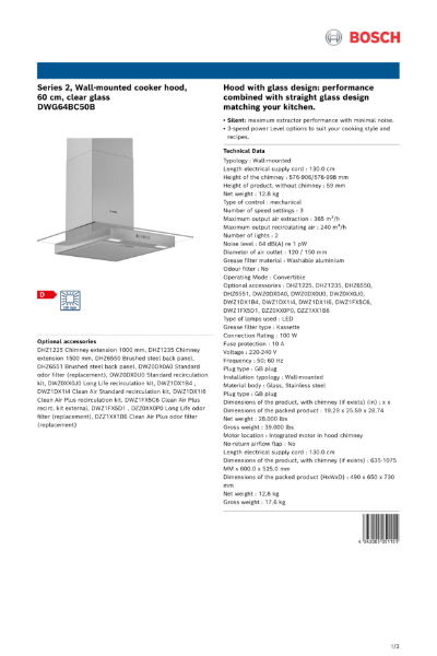 Series 2, Wall-mounted cooker hood,
60 cm, clear glass
DWG64BC50B