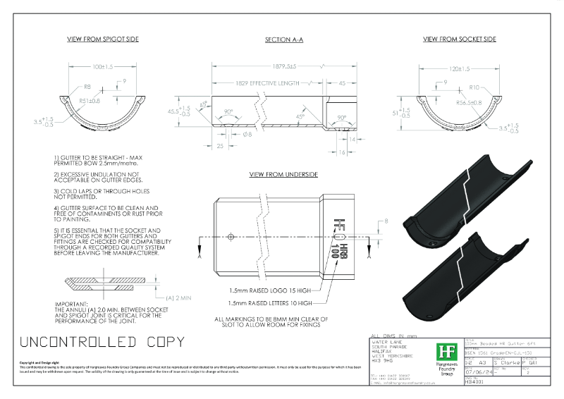 100mm Beaded Half Round Gutter Drawing
