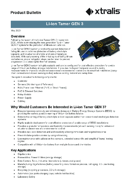 XTRALIS Li-Ion Tamer Gen3, Lithium off Gas Detection Product Bulletin