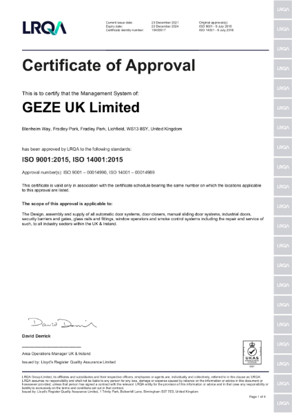 LRQA ISO 9001:2015, ISO 14001:2015 Certificate of Approval