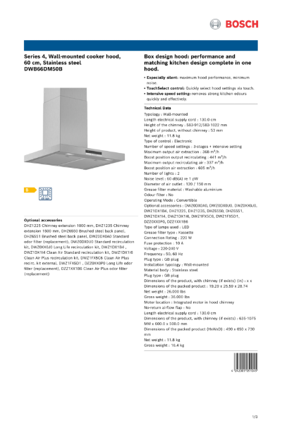 Series 4, Wall-mounted cooker hood, 60 cm, Stainless steel DWB66DM50B