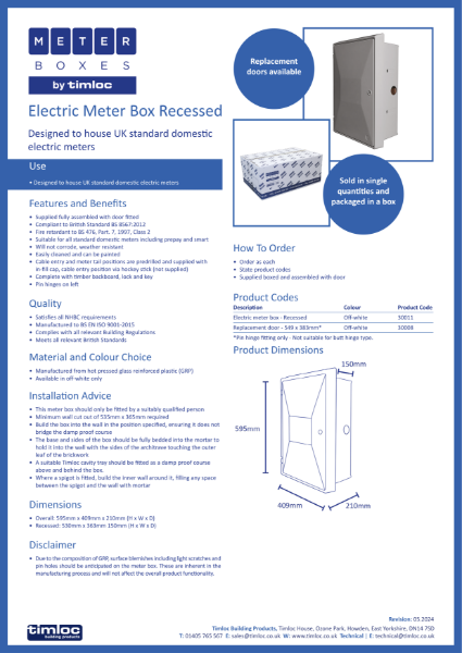 Timloc Building Products Electric Meter Box - Recessed Datasheet