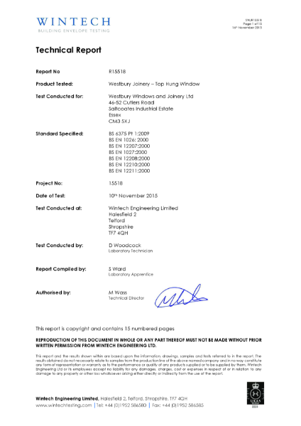 Westbury Top Hung Window Weather Test R15518
