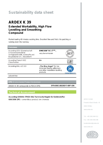 ARDEX K 39 Sustainability Data Sheet