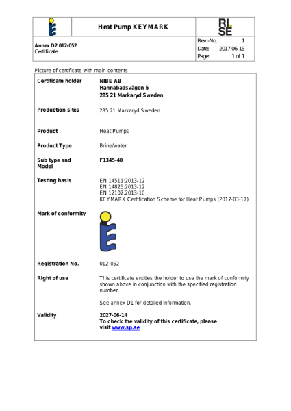 F1345-40 HP Keymark 012-052D2