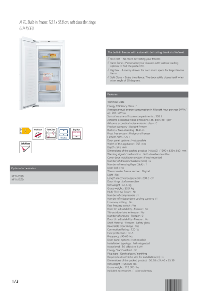 N 70, Built-in freezer, 122.1 x 55.8 cm, soft close flat hinge
GI7416CE0