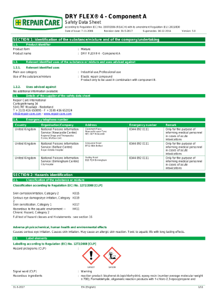 Dry Flex 4 Component A Safety Data Sheet