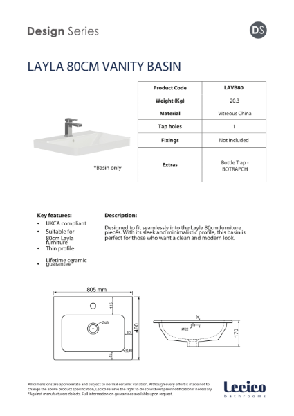 Layla 80cm Curved Vanity Washbasin
