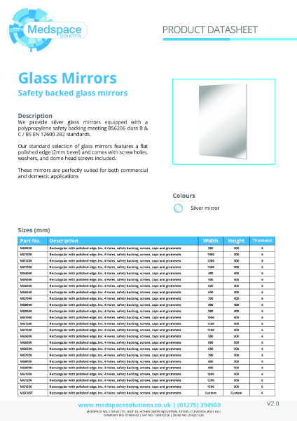 Mirrors - Glass – Product Data Sheet