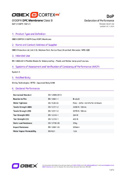 OBEX CORTEX 0100FR Class B DPC/DPM Membrane - DoP