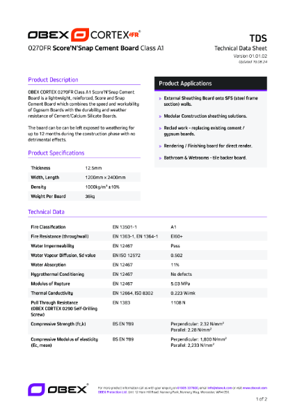 OBEX CORTEX 0270FR Class A1 Score’N’Snap Cement Sheathing Board - TDS