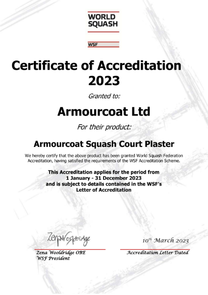 Armourcoat Squash Court Plaster - World Squash Federation Accreditation