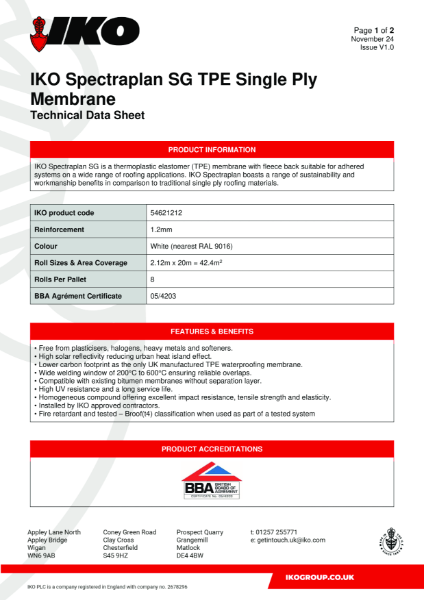 Technical Data Sheet (TDS) - IKO Spectraplan SG TPE Single Ply Membrane