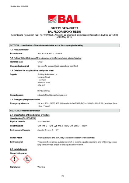 BAL Floor Epoxy (Resin) - Material Safety Datasheet