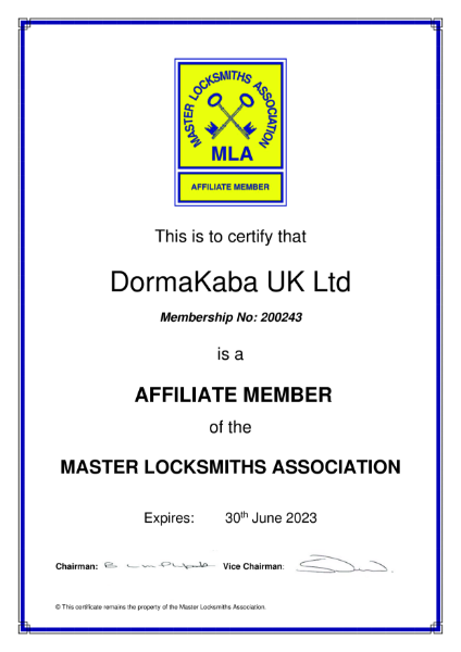 Master Locksmiths Affiliate Certificate