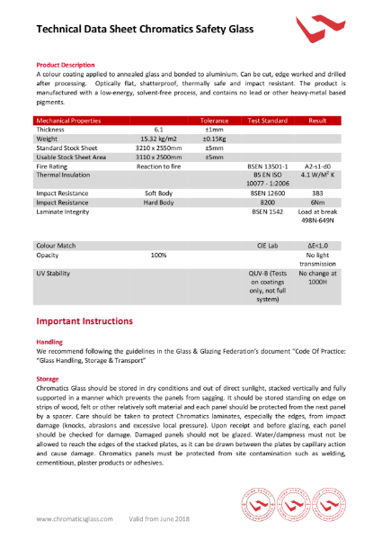 Chromatics Safety Glass data sheet