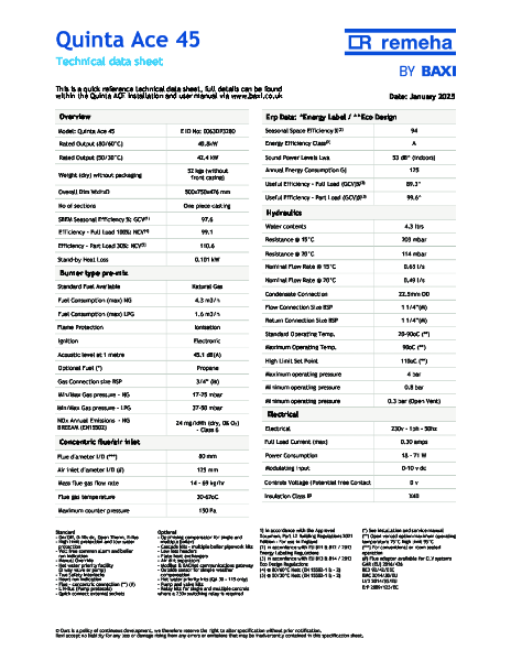 Baxi Quinta Ace 45 - Technical Datasheet