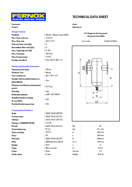 33006239 CF1 Magn Dirt Sep STD DN65 Datasheet
