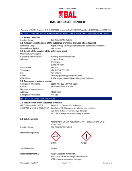 BAL Quickset Render - Material Safety Datasheet