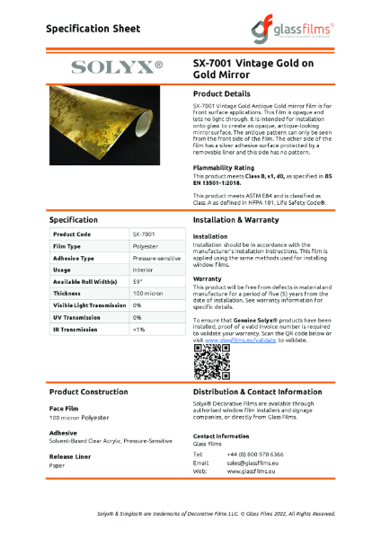 SX-7001 Vintage Gold on Gold Mirror Specification Sheet