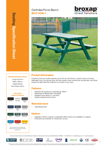 Garthdee Picnic Bench Specification Sheet