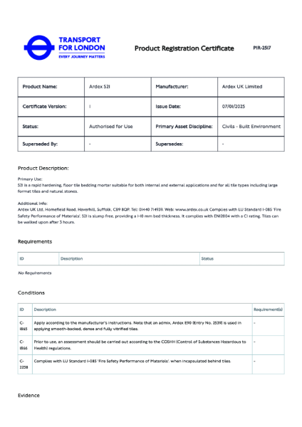 Transport For London Product Registration Certificate - ARDEX S 21
