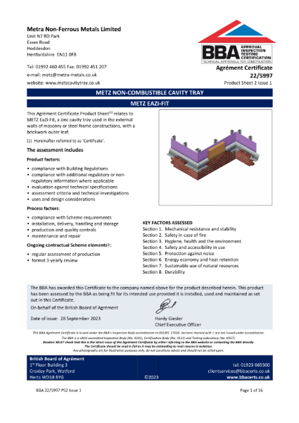 BBA Easy Fit - Metz A1 Non Combustible Cavity Tray