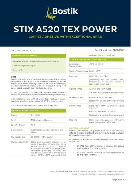 Bostik Six A520 Tex Power - Technical Data Sheet