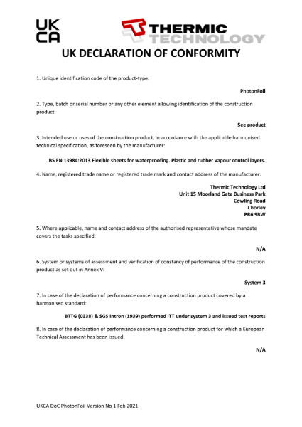 PhotonFoil (standard) UKCA DoC