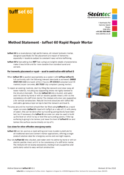 tuffset 60 rapid repair mortar, method statement