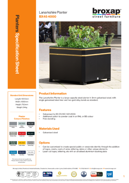 Lanarkshire Planter Specification Sheet