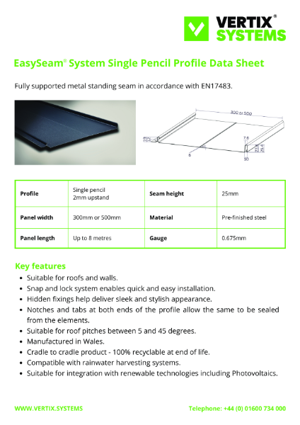 Vertix EasySeam System Single Pencil Profile Data Sheet