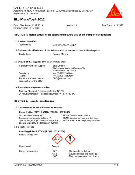 Sika Monotop 4012 MSDS