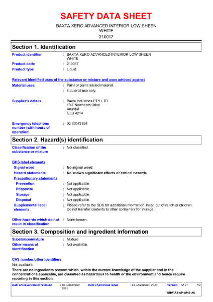 Baxta Xero Advanced Interior Low Sheen White  Safety Data Sheet