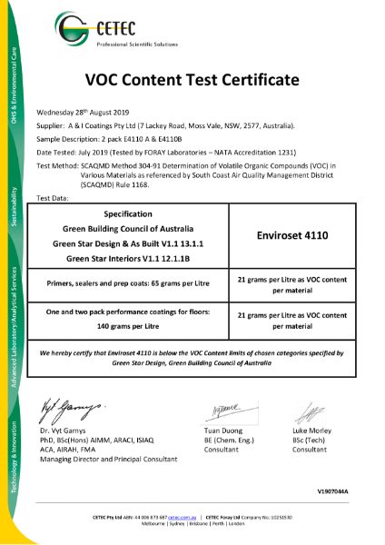 Enviroset 4110 VOC Content Test Certificate