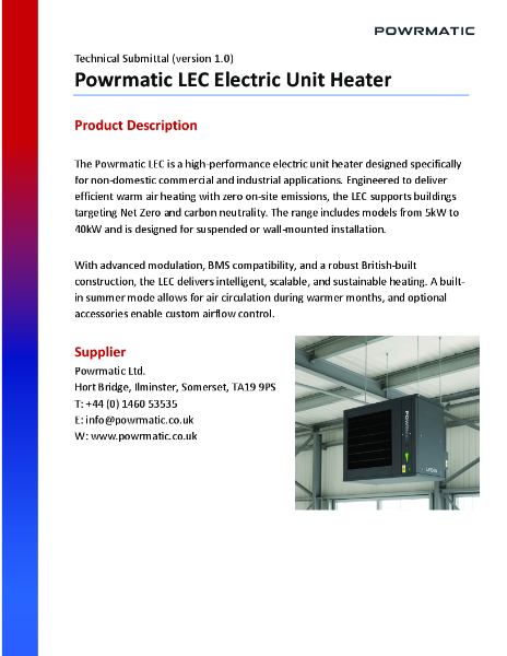 Powrmatic LEC Electric Unit Heater Technical Specification