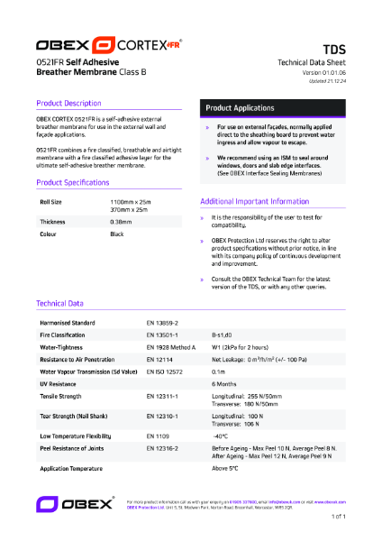 OBEX CORTEX 0521FR Class B Self-Adhesive Breather Membrane - W1 - TDS