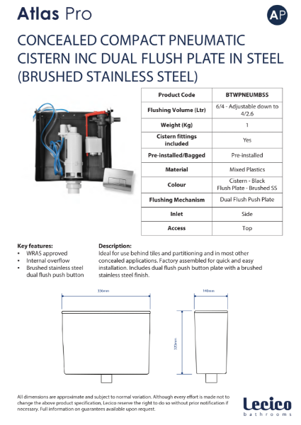 Atlas Pro Concealed Compact Pneumatic Cistern Inc Dual Flush Plate In Steel (Brushed Stainless Steel) Data Sheet