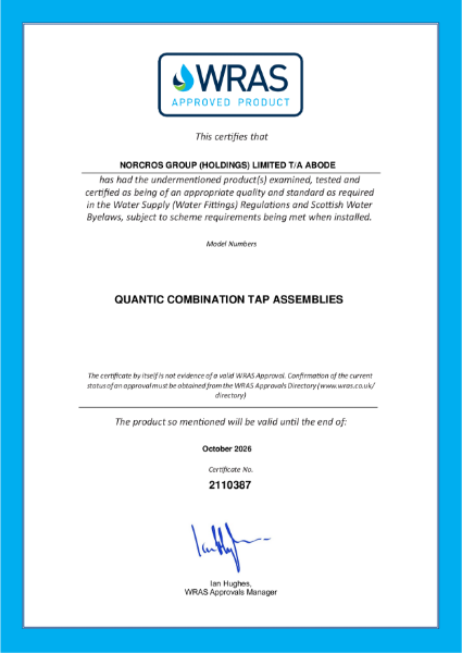 WRAS Certificate - Quantic Monobloc Kitchen Tap