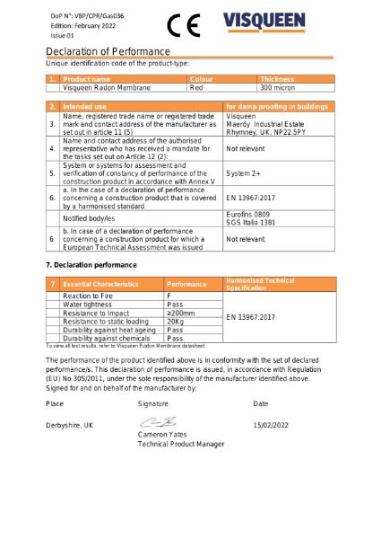 Gas CE Visqueen Radon Membrane Declaration of Performance