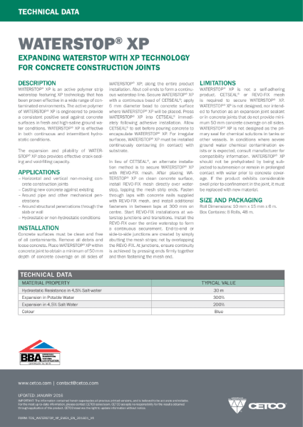 WATERSTOP XP - EXPANDING WATERSTOP WITH XP TECHNOLOGY FOR CONCRETE CONSTRUCTION JOINTS