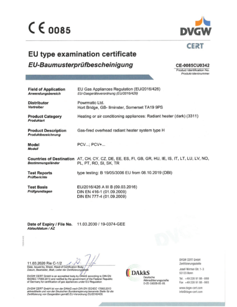 EU type examination certificate - Gas fired overhead radiant heater system type H