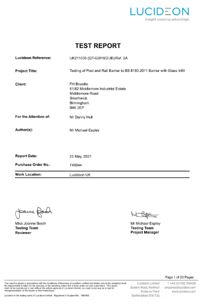 Test Report BS 6180 - Post and Rail Barrier