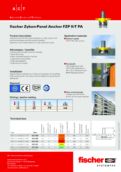 fischer Zykon-Panel Anchor FZP II-T PA datasheet