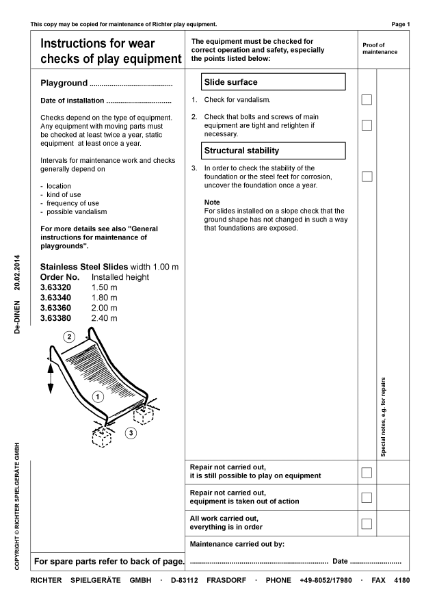3.63320 - Stainless Steel Slide, Width 100 cm, Height 150 cm - Maintenance Instructions