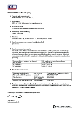 B1 2K Palokatkovaahto - Suoritustasoilmoitus
