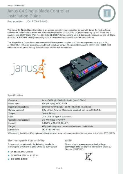 Janus C4 Single-Blade Controller Installation Guide