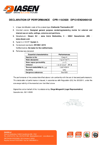 Diasen Diathonite Thermactive.037 Declaration of Performance (DOP) EN 998-1 (CE)